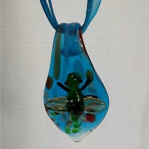 Blue Glass Pendant with Green Dragonfly